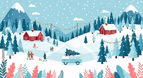 Photos A charming winter scene featuring red cabins and a van carrying a Christmas tree
