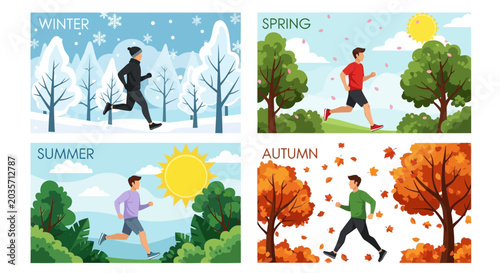 Obraz na płótnie Four illustrations of a man running through different seasonal landscapes throughout the year