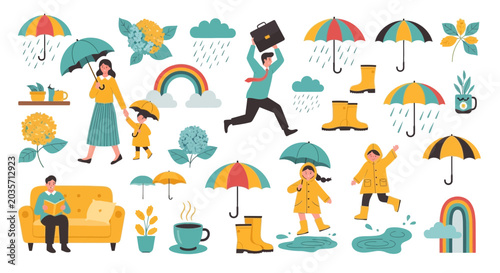 Fotografía A collection of rainy day themed illustrations featuring people with umbrellas and rain gear
