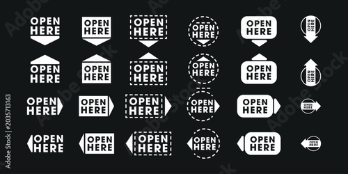 Cut Here and Open Here Signs with Scissors Dotted Line for Coupon Sales Packaging Label, vector illustration