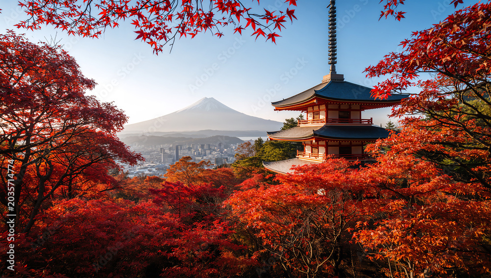 Naklejka premium 紅葉に包まれた五重塔が秋の山寺に立つ日本の風景