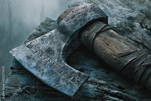 Moody digital illustration of a Viking battle-ax resting on a weathered shield with runic engravings