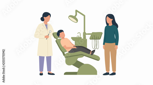 Quadro em tela Dental visit scene with dentist, patient in chair, and adult observer