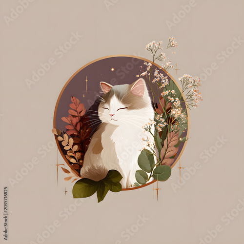 Cat sitting among flowers and plants in a round frame with a dark background at a calm time of day