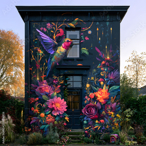 Vibrant mural covering a house wall with flowers and a bird at sunset in an urban garden