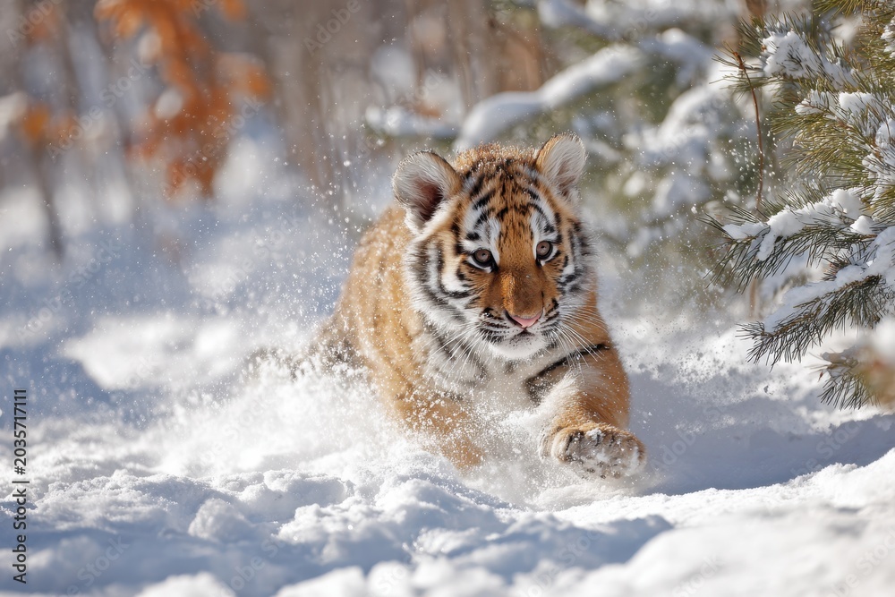Obraz premium Young tiger cub tumbling through fresh snow under soft daylight