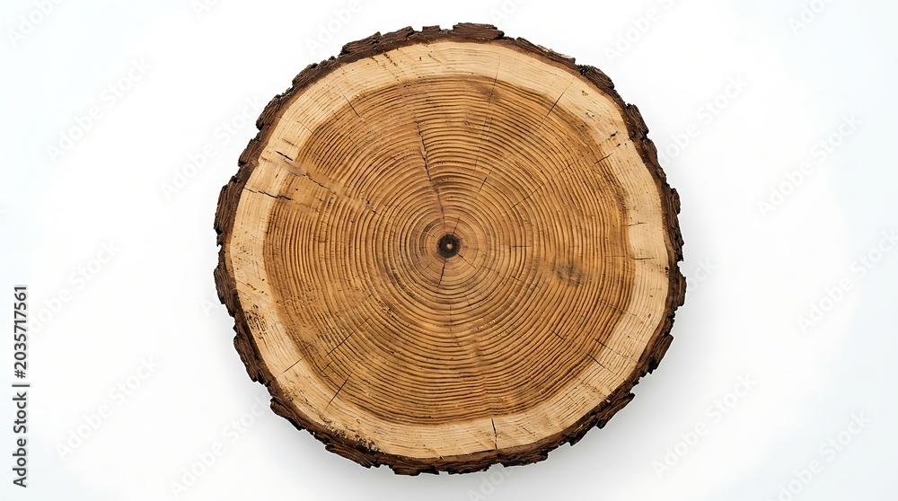 Fototapeta premium Wood slice with visible growth rings on a white background