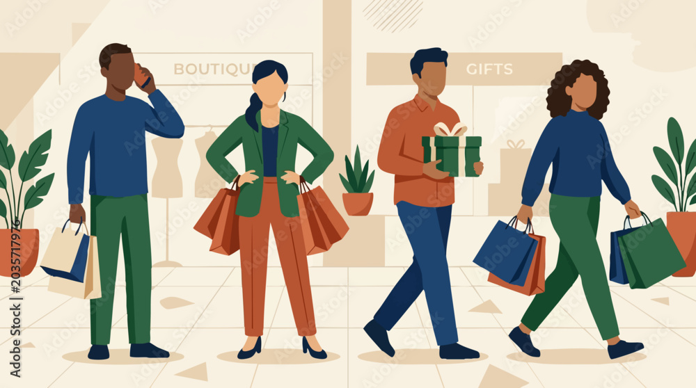 Fototapeta premium Diverse group of people shopping in a mall, carrying bags and gifts