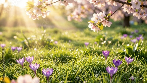 Cherry tree branches hang over purple crocuses on sunlit grass. Layout with space for text.