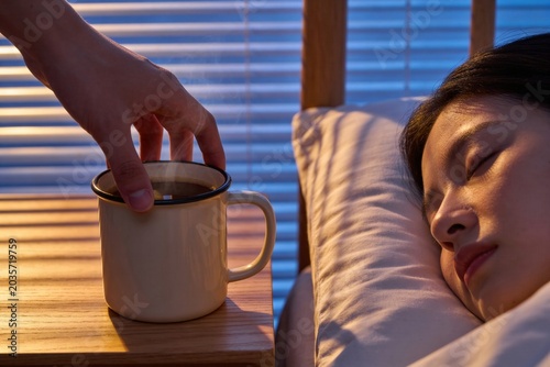 The Coffee Delivery, Anticipatory Love,Gentle Morning Wake-Up with Coffee Cup Near Sleeping Woman