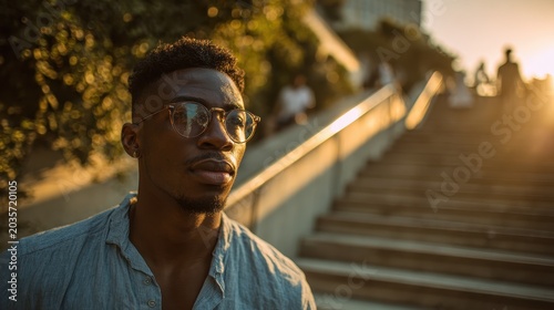 Summer vibes on concrete steps: a cool man poses in adaptive eyewear on an outdoor staircase