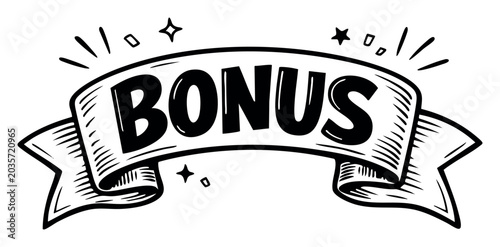 Bonus word written on a hand drawn ribbon banner with stars and sparkles, symbolizing a special offer, reward, or promotion