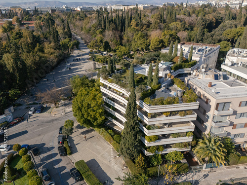 Aerial View of a Modern Building with Green Terraces in Athens Greece