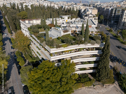 Aerial View of a Modern Building with Green Terraces in Athens Greece