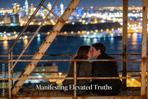 The Fire Escape Whisper, Elevated Truths, Romantic Night Scene with Couple Kissing Over City Lights View
