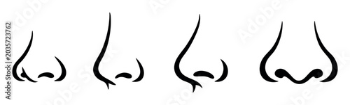 Human noses in various simplified line art styles, illustrating anatomical features from both profile and direct front views