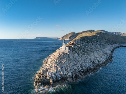Aerial view of Lighthouse tower at Cape Tainaron, the Southernmost Point of Mainland Greece