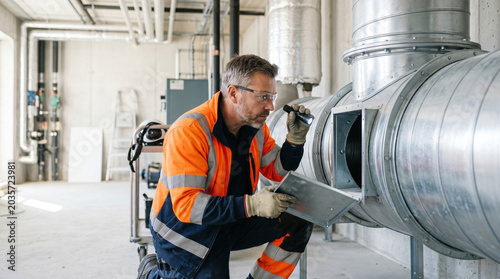Builder checking ventilation duct with tools in industrial setting. Maintenance technician inspects metal ductwork for functionality while wearing safety gear and gloves.