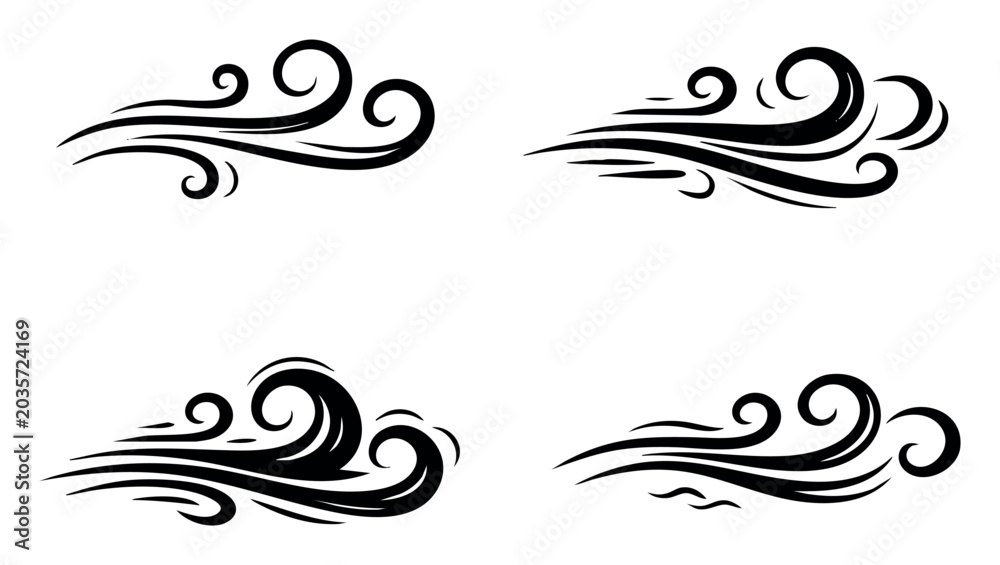 Fototapeta premium Four distinct black line art illustrations depicting swirling air and wind streams, conveying motion, speed, and weather concepts