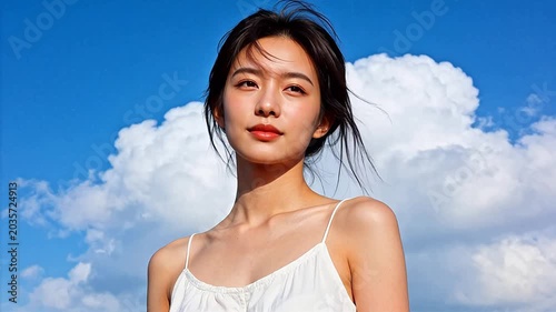 Woman in white dress against blue sky
