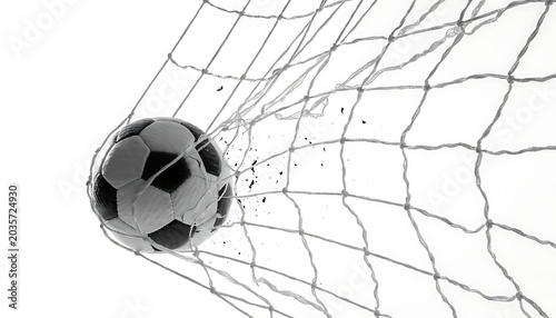Classic black-and-white football smashing through a pristine white goal net with powerful force, net cords twisting and stretching mid-air, high-speed action freeze captured with razor-sharp realism