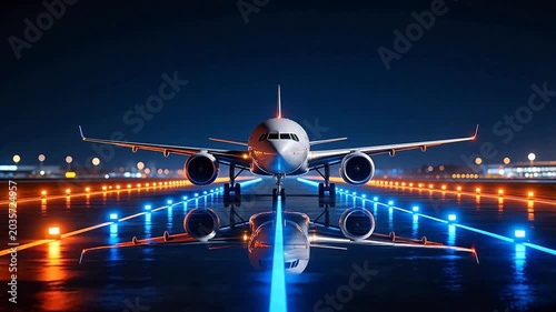 Airplane on illuminated runway at night