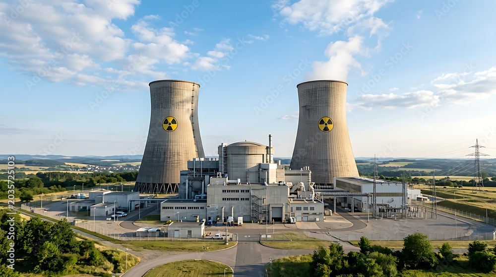 Obraz premium Nuclear power plant with cooling towers and radiation warning symbols daytime exterior