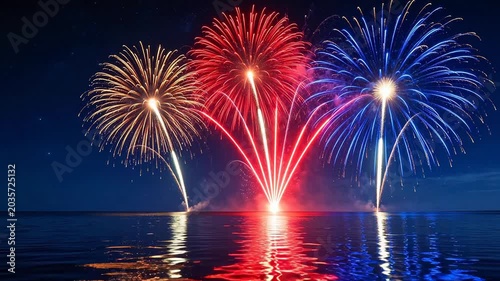 Colorful fireworks over water at night