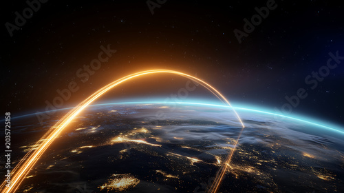 Earth from space with glowing orbital data trail around planet, global communication network, satellite technology, cybersecurity, cloud infrastructure, digital connectivity and wo