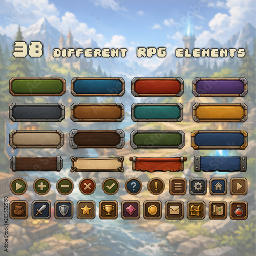 Cartoon Fantasy RPG Game UI Kit Set with Buttons, Icons and Interface Elements for Mobile Games