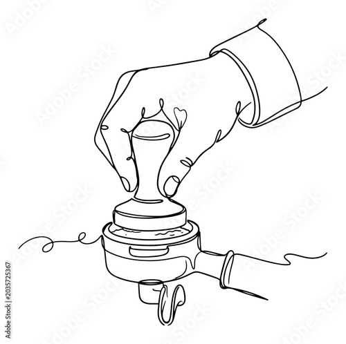 Obraz na plátne Barista hand pressing ground coffee with a tamper in a continuous line art style