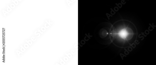 Cinematic lens flare overlay on black background, bright white light leak with anamorphic circles, glowing optical sun star effect for photo editing