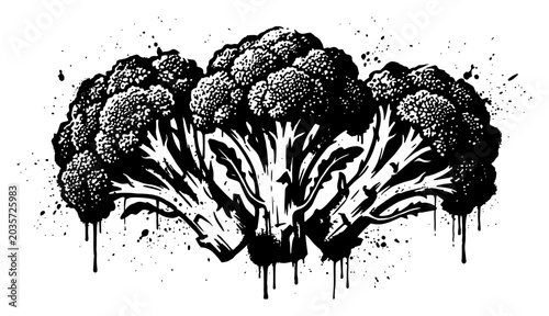 Obraz na plátně Broccoli florets with stems in grunge ink splatter stencil style