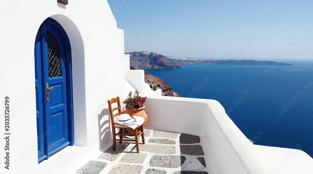 Fototapeta premium White mediterranean house with blue door and chair on balcony overlooking deep blue sea and island landscape. Clear sky above bright sunny day.