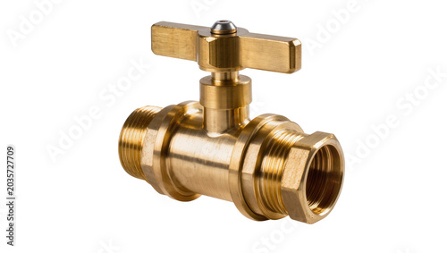 фотографія Isolated industrial brass shut-off valve with a flat lever handle for pipe conne