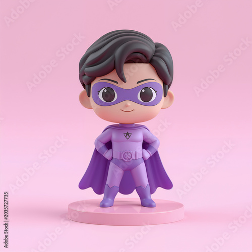Cute 3D Chibi Superhero Figurine in Purple Costume and Mask on Pink Background