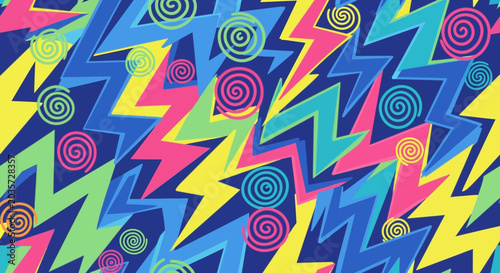 Retro 80s Lightning Bolts and Swirls Pattern