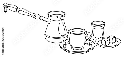 Bild auf Leinwand Turkish coffee set with cezve cup and sugar cubes in continuous single line art