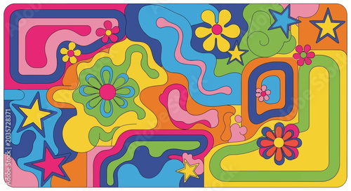 Retro 1960s psychedelic art with flowers and stars