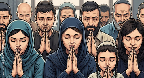Photography Diverse group of people praying together with eyes closed and hands clasped