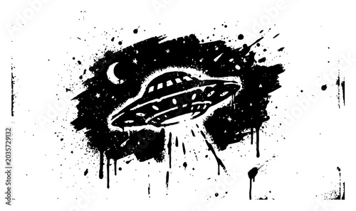 Φωτογραφία Flying saucer UFO in outer space with moon and stars in dripping paint graffiti
