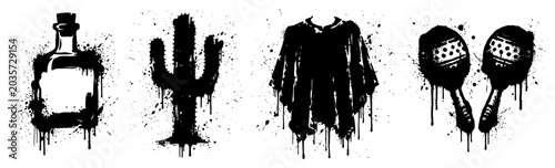 Schilderij op canvas Mexican cultural symbols including tequila cactus poncho and maracas with drippi