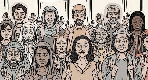 Photos Diverse group of people praying with hands raised in unity.