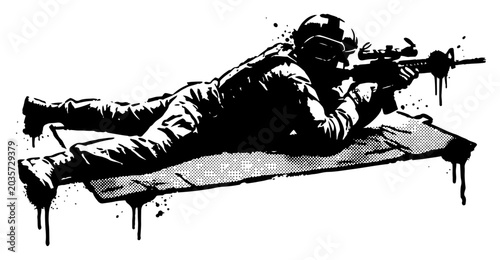 Tableau sur toile Soldier lying down and aiming rifle with scope in black and white ink splatter s