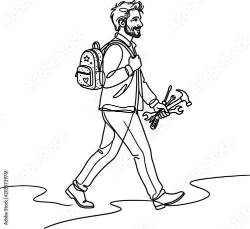 Man Walking With Tools And Backpack Black And White Line Drawing