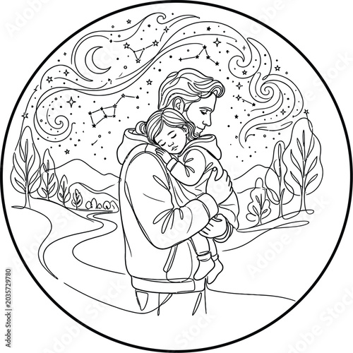 Parent And Child Embrace Line Art Illustration With Celestial Elements