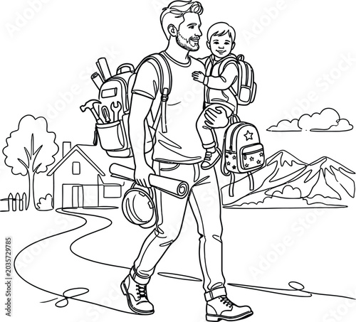 Father And Son Hiking With Backpacks Line Art Illustration