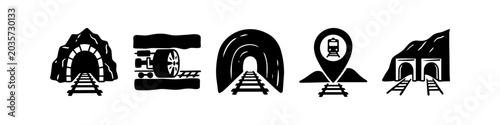 Bild auf Leinwand Collection of black and white icons representing railway tunnels, underground excavation, and train tracks