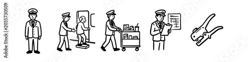 Billede på lærred Set of black and white line art illustrations featuring a train conductor helping passengers, pushing a food cart, and managing schedules, including a ticket punch icon