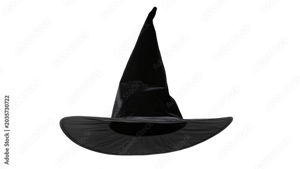 Fototapeta premium Isolated classic black pointed witch hat, a symbol of magic and Halloween festivities.